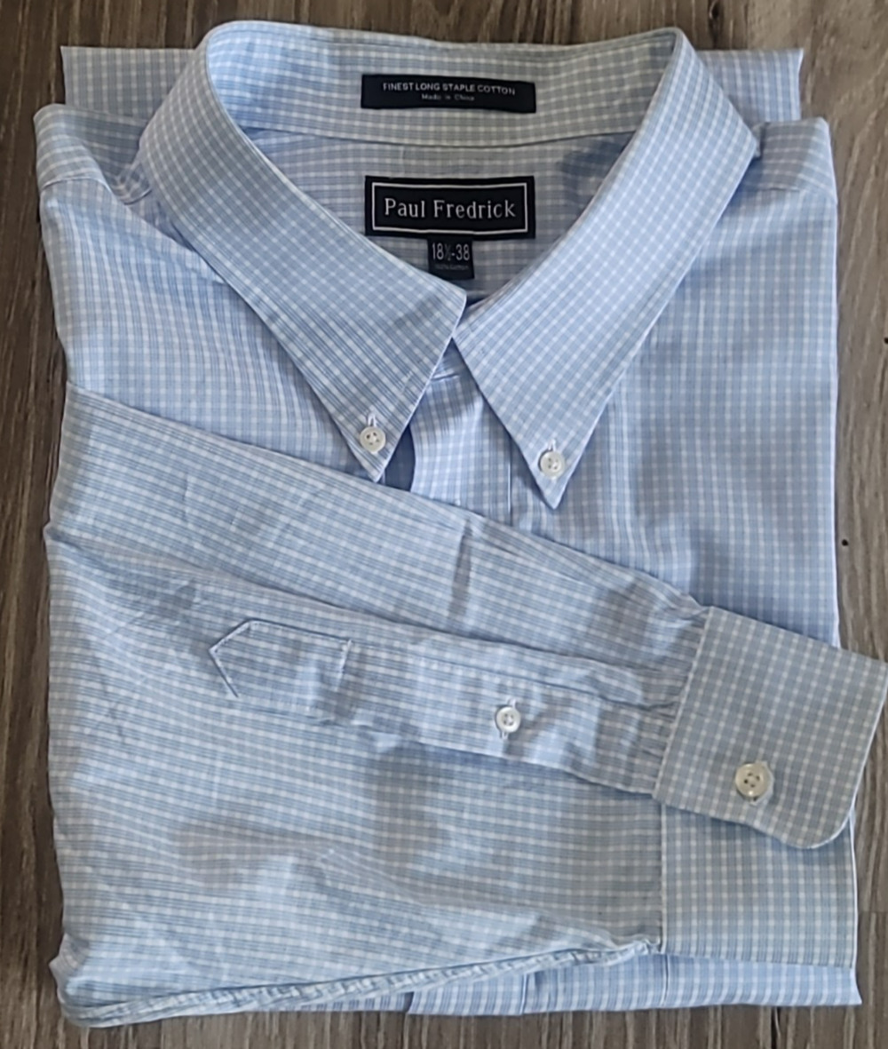 Paul Fredrick Men's Blue Checked Dress Shirt 18.5-38 XLT Preppy Office